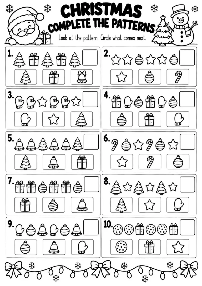 CHRISTMAS COMPLETE THE PATTERNS for Kindergarten, 1st Grade