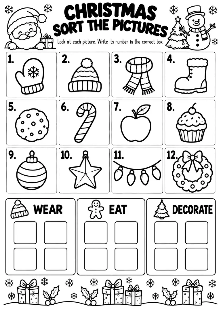 CHRISTMAS SORT THE PICTURES for Kindergarten, 1st Grade