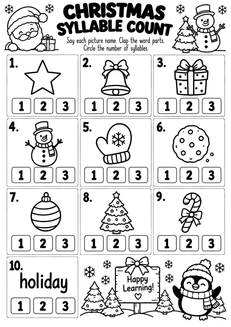 CHRISTMAS SYLLABLE COUNT for Kindergarten, 1st Grade