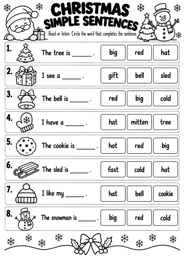 CHRISTMAS SIMPLE SENTENCES for Kindergarten, 1st Grade