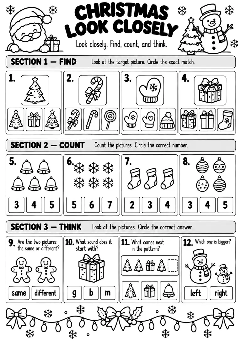 CHRISTMAS LOOK CLOSELY for Kindergarten, 1st Grade