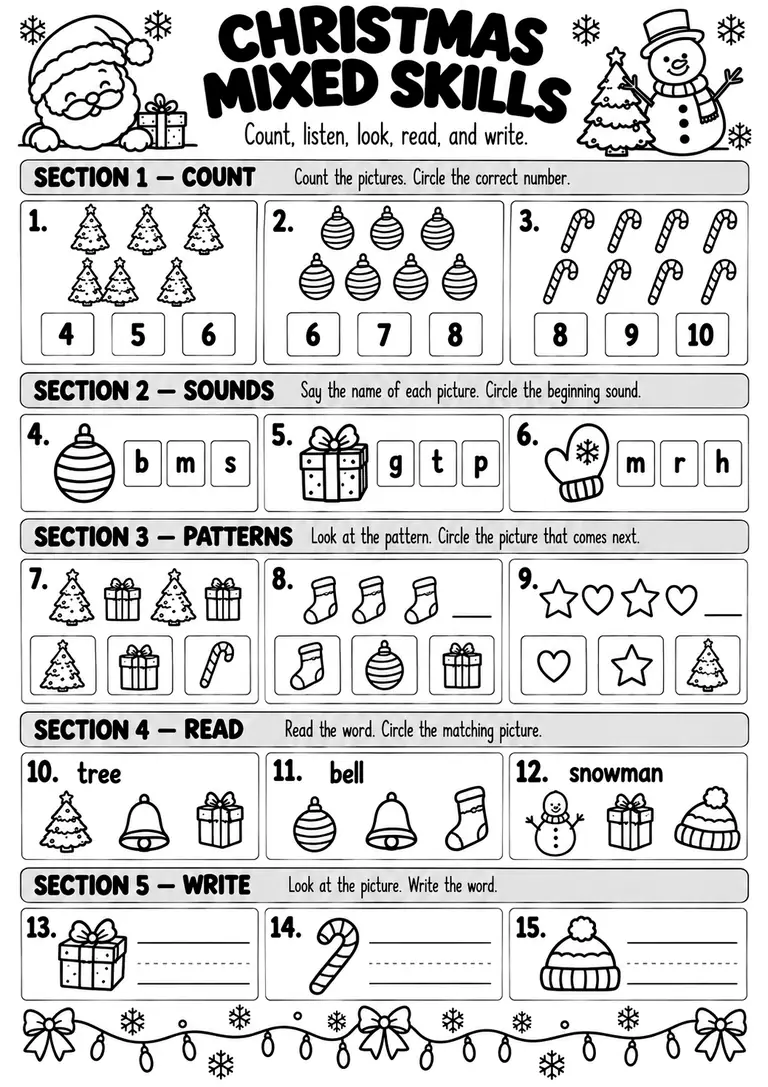 CHRISTMAS MIXED SKILLS for Kindergarten, 1st Grade