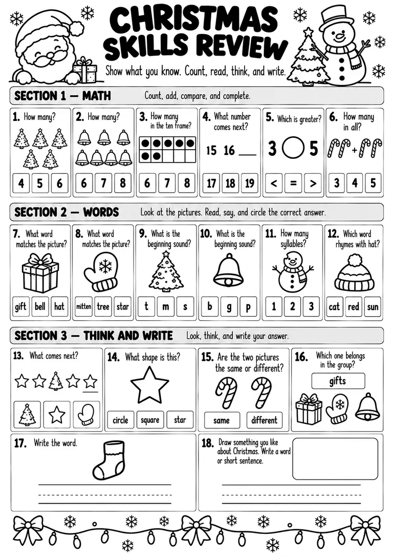 CHRISTMAS SKILLS REVIEW for Kindergarten, 1st Grade