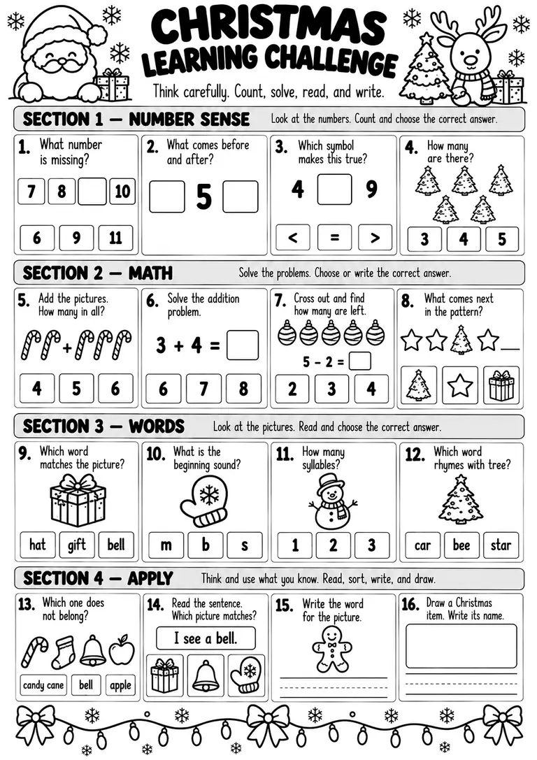 CHRISTMAS LEARNING CHALLENGE for Kindergarten, 1st Grade