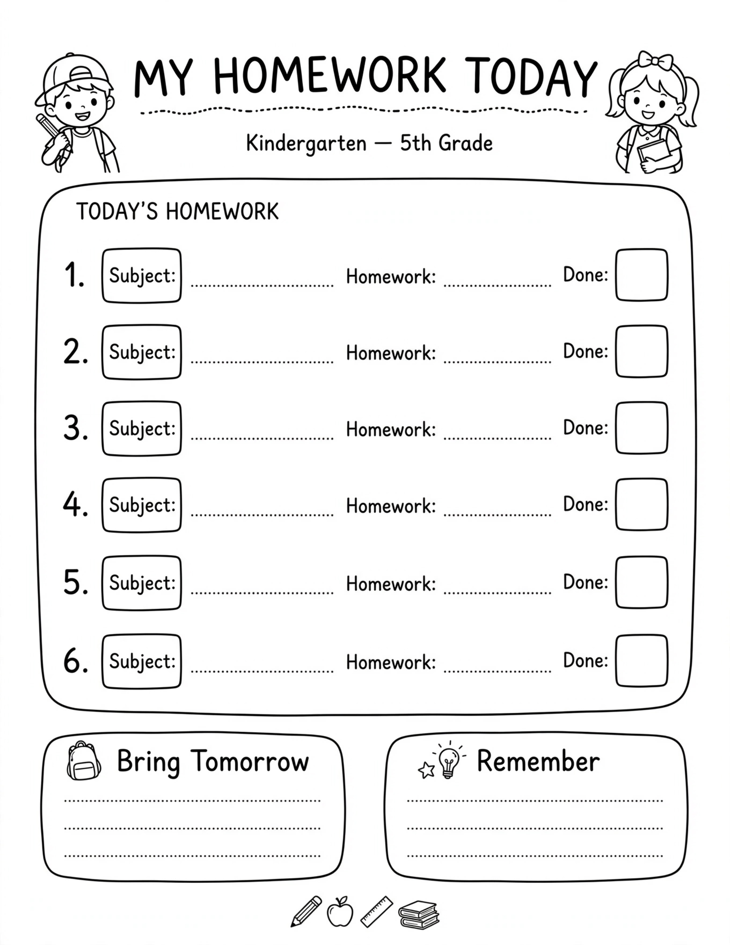 Daily Planner For Kids - MY HOMEWORK TODAY