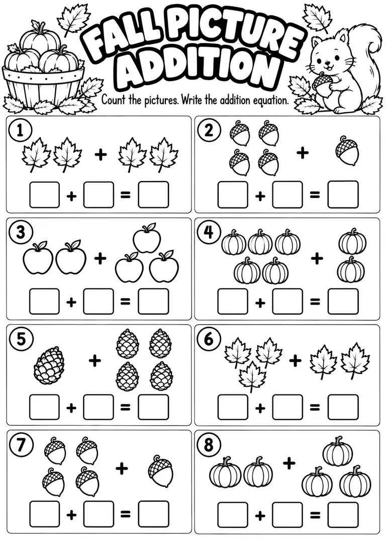 Fall Picture Addition WORKSHEET for Kindergarten, 1st Grade