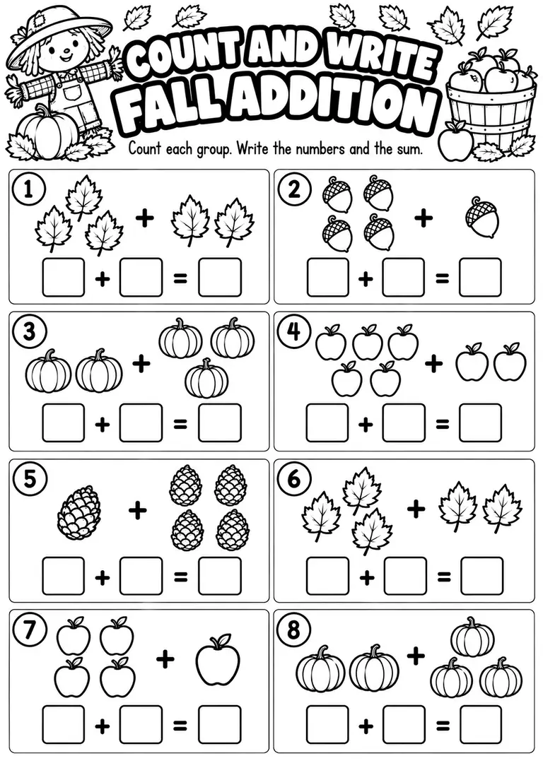 Count and Write Fall Addition for Kindergarten, 1st Grade