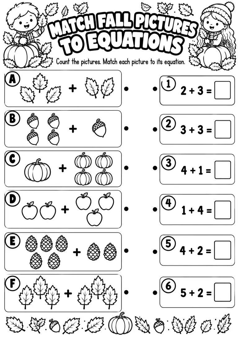 Match Pictures to Addition Equations for Kindergarten, 1st Grade