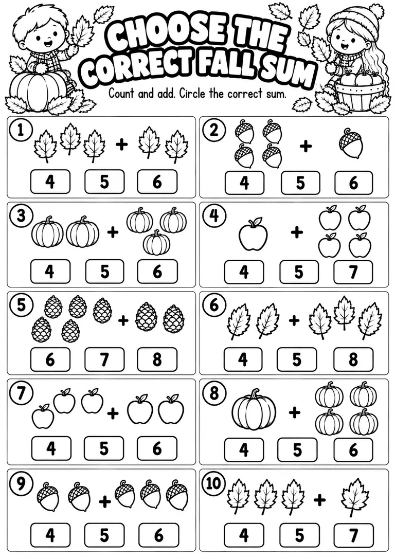 Choose the Correct Fall Sum for Kindergarten, 1st Grade