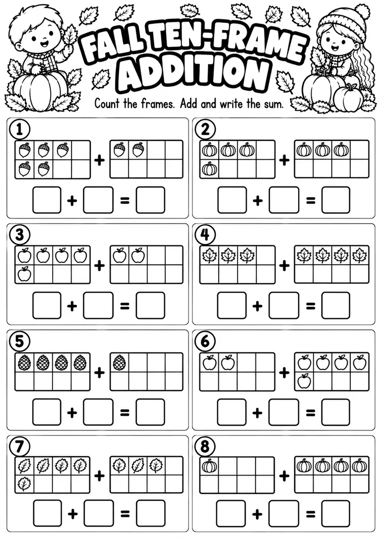 Fall Ten-Frame Addition for Kindergarten, 1st Grade
