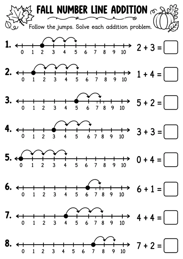 Fall Number Line Addition for Kindergarten, 1st Grade