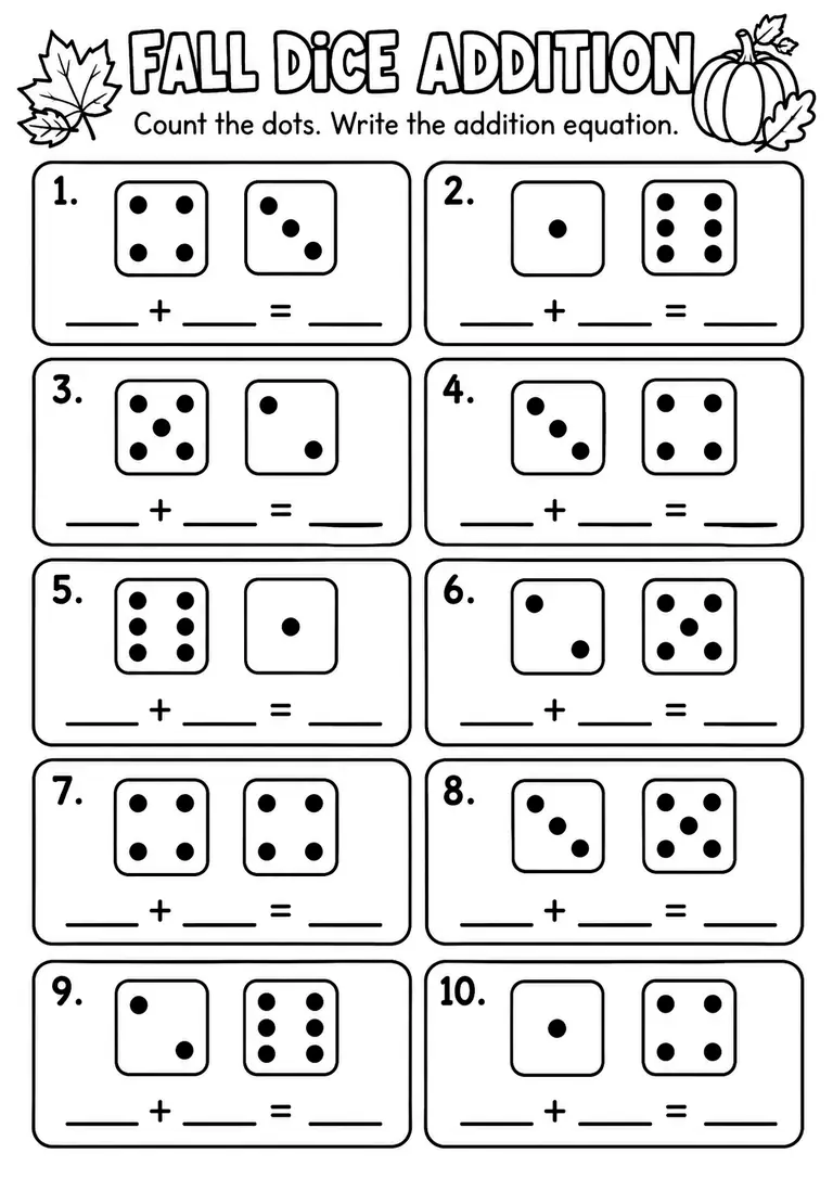 Fall Dice Addition for Kindergarten, 1st Grade