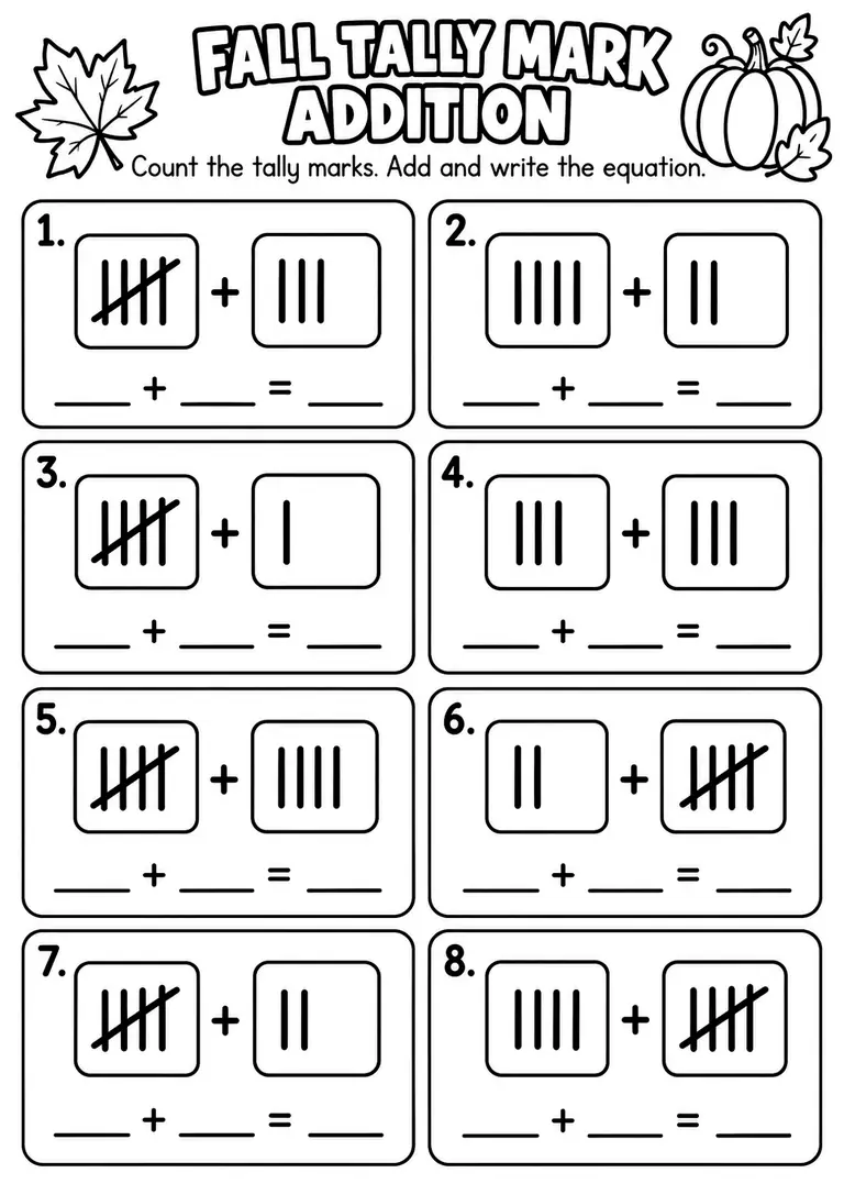 Fall Tally Mark Addition for Kindergarten, 1st Grade