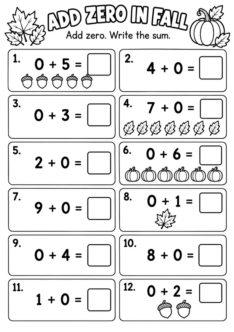 Add Zero in Fall for Kindergarten, 1st Grade