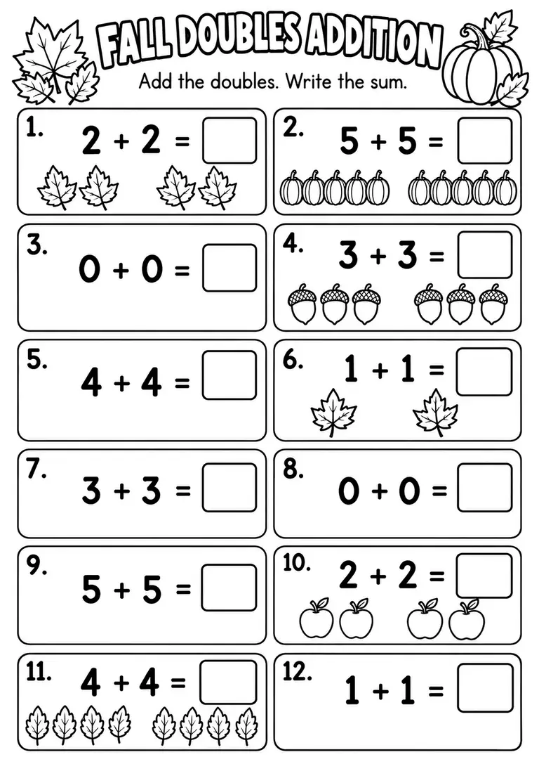Fall Doubles Addition for Kindergarten, 1st Grade