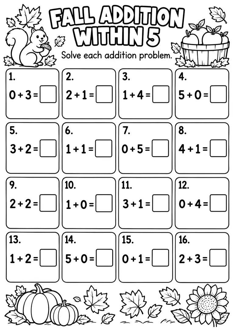 Fall Addition Within 5 for Kindergarten, 1st Grade