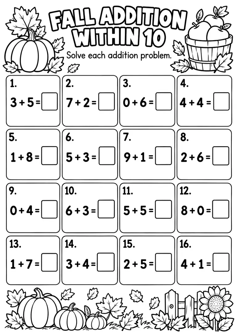 Fall Addition Within 10 PRINTABLE for Kindergarten, 1st Grade