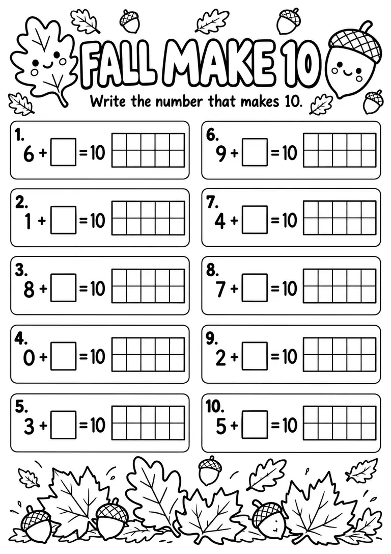 Fall Make 10 WORKSHEET for Kindergarten, 1st Grade