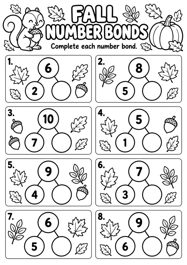 Fall Number Bonds WORKSHEET for Kindergarten, 1st Grade