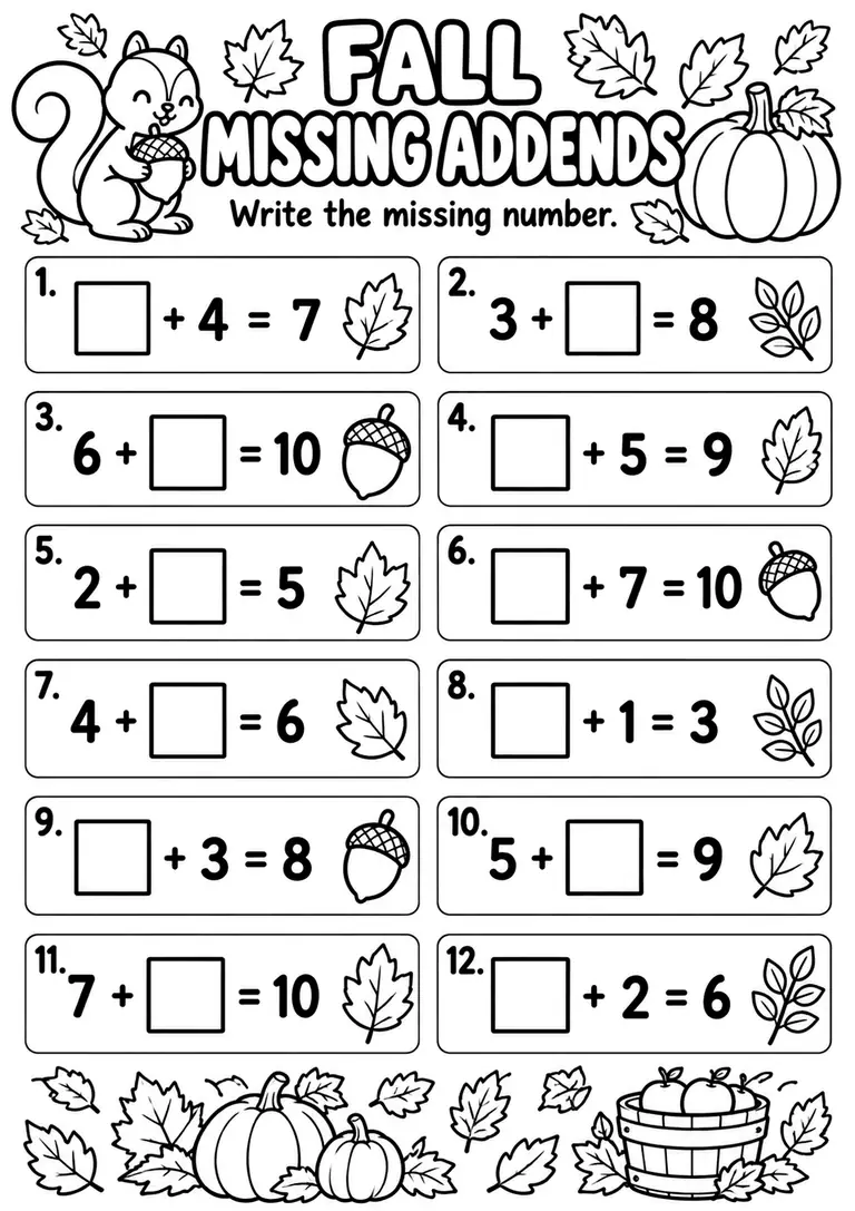Fall Missing Addends WORKSHEET for Kindergarten, 1st Grade