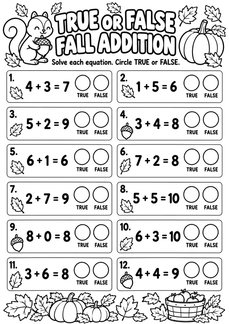 True or False Fall Addition for Kindergarten, 1st Grade