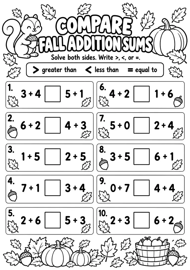 Compare Fall Addition Sums for Kindergarten, 1st Grade