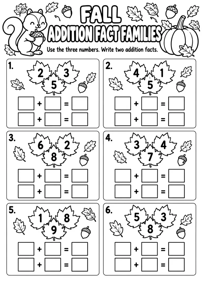 Fall Addition Fact Families for Kindergarten, 1st Grade