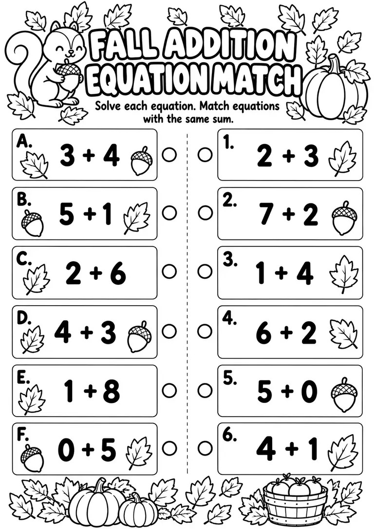 Fall Addition Equation Match for Kindergarten, 1st Grade