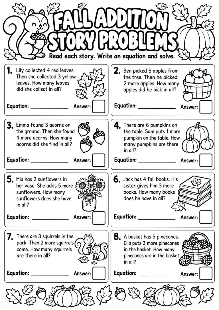 Fall Addition Story Problems for Kindergarten, 1st Grade