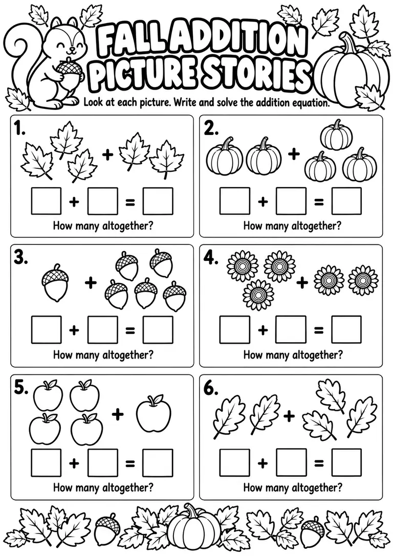 Fall Addition Picture Stories for Kindergarten, 1st Grade