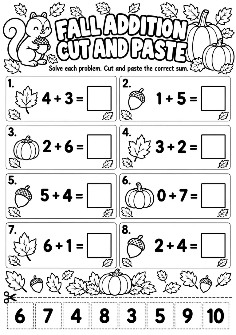 Fall Addition Cut and Paste for Kindergarten, 1st Grade