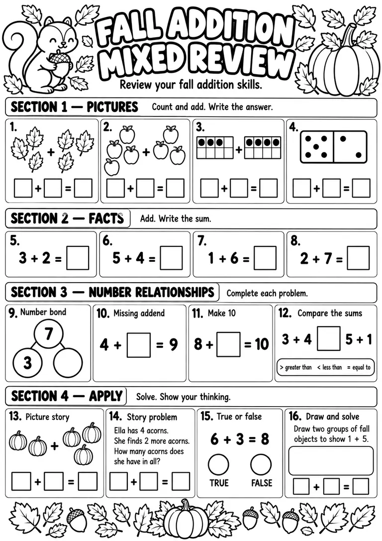 Fall Addition Mixed Review for Kindergarten, 1st Grade