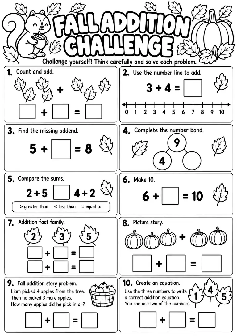 Fall Addition Challenge for Kindergarten, 1st Grade
