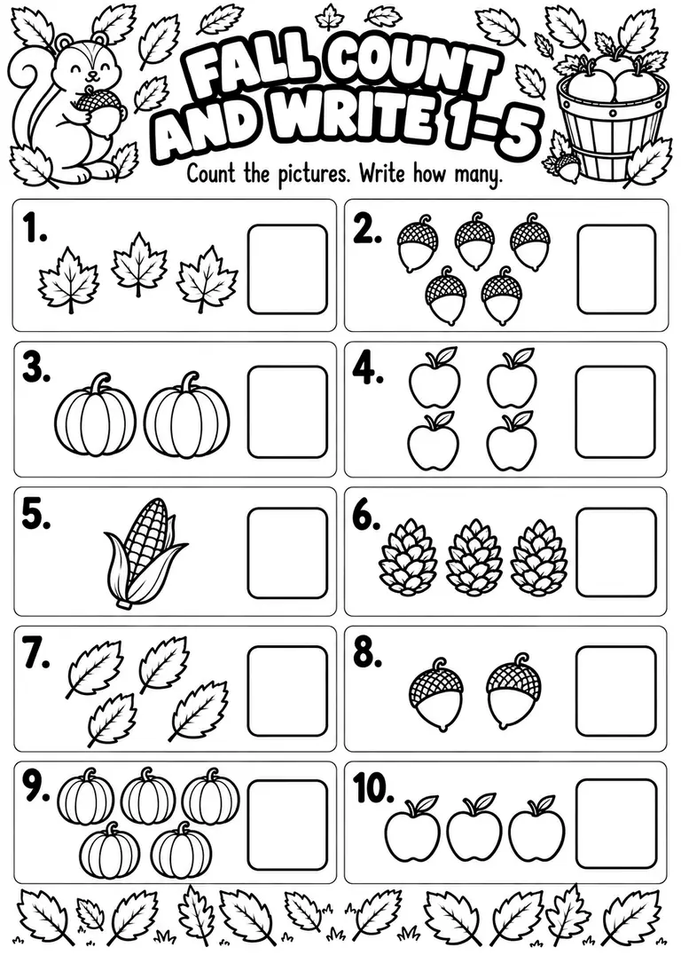 FALL COUNT AND WRITE 1–5 for Kindergarten, 1st Grade