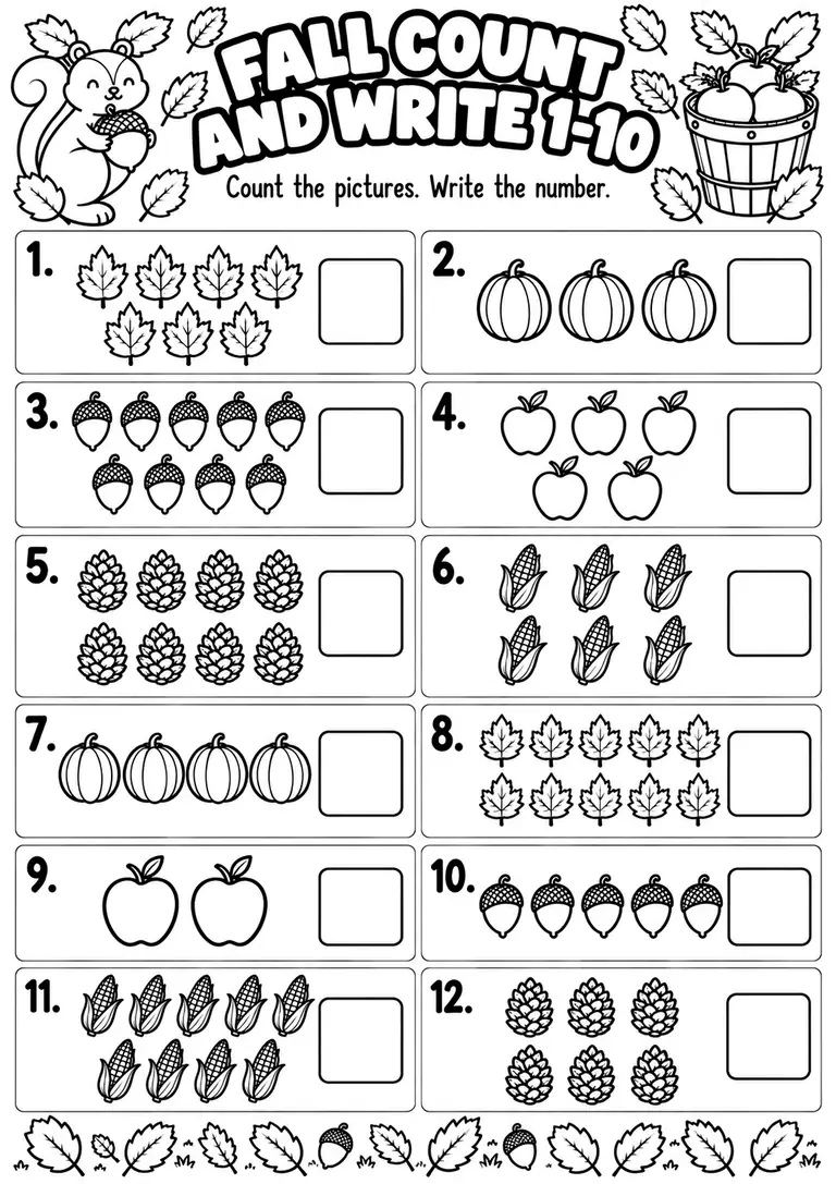 FALL COUNT AND WRITE 1–10 for Kindergarten, 1st Grade