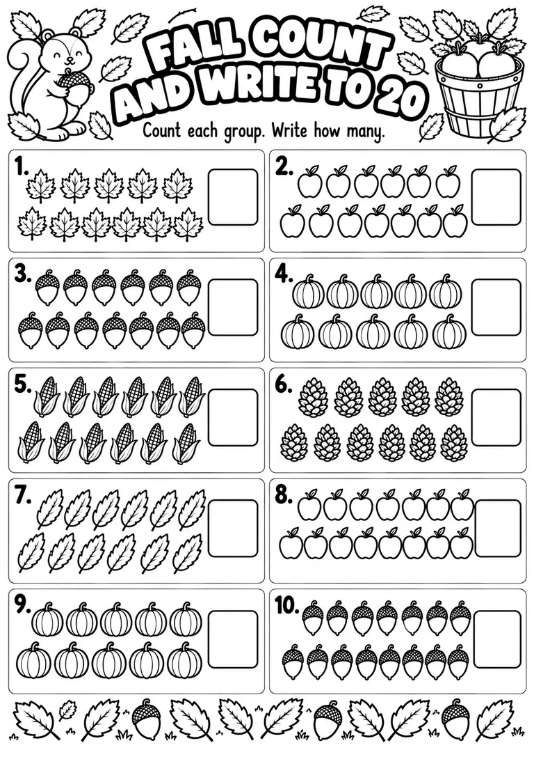 FALL COUNT AND WRITE TO 20 for Kindergarten, 1st Grade