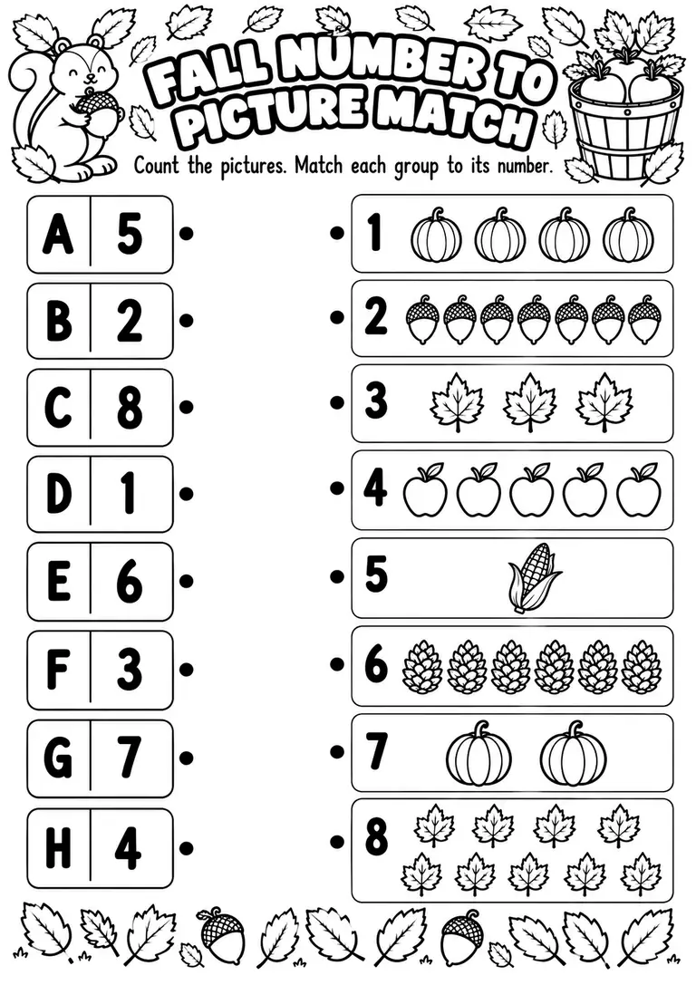 FALL NUMBER TO PICTURE MATCH for Kindergarten, 1st Grade