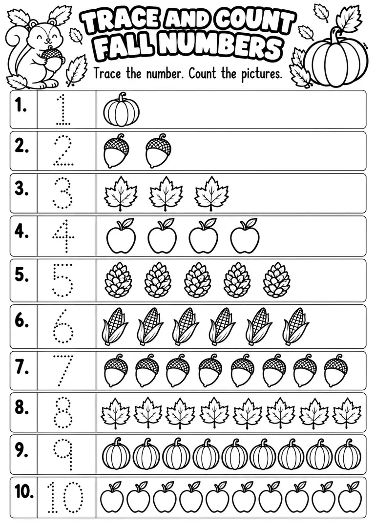 TRACE AND COUNT FALL NUMBERS for Kindergarten, 1st Grade