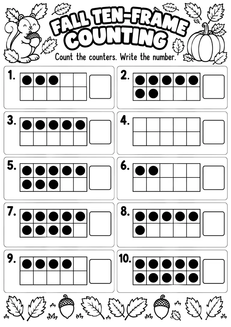 FALL TEN-FRAME COUNTING for Kindergarten, 1st Grade