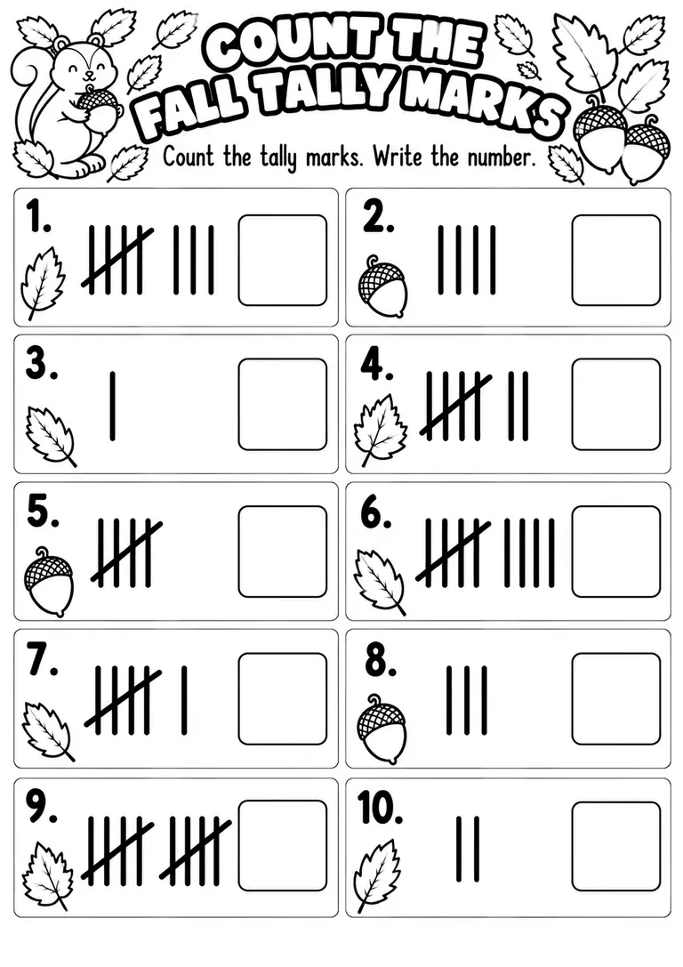 COUNT THE FALL TALLY MARKS for Kindergarten, 1st Grade