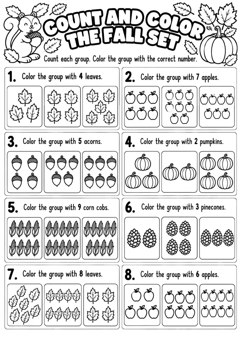 COUNT AND COLOR THE FALL SET for Kindergarten, 1st Grade