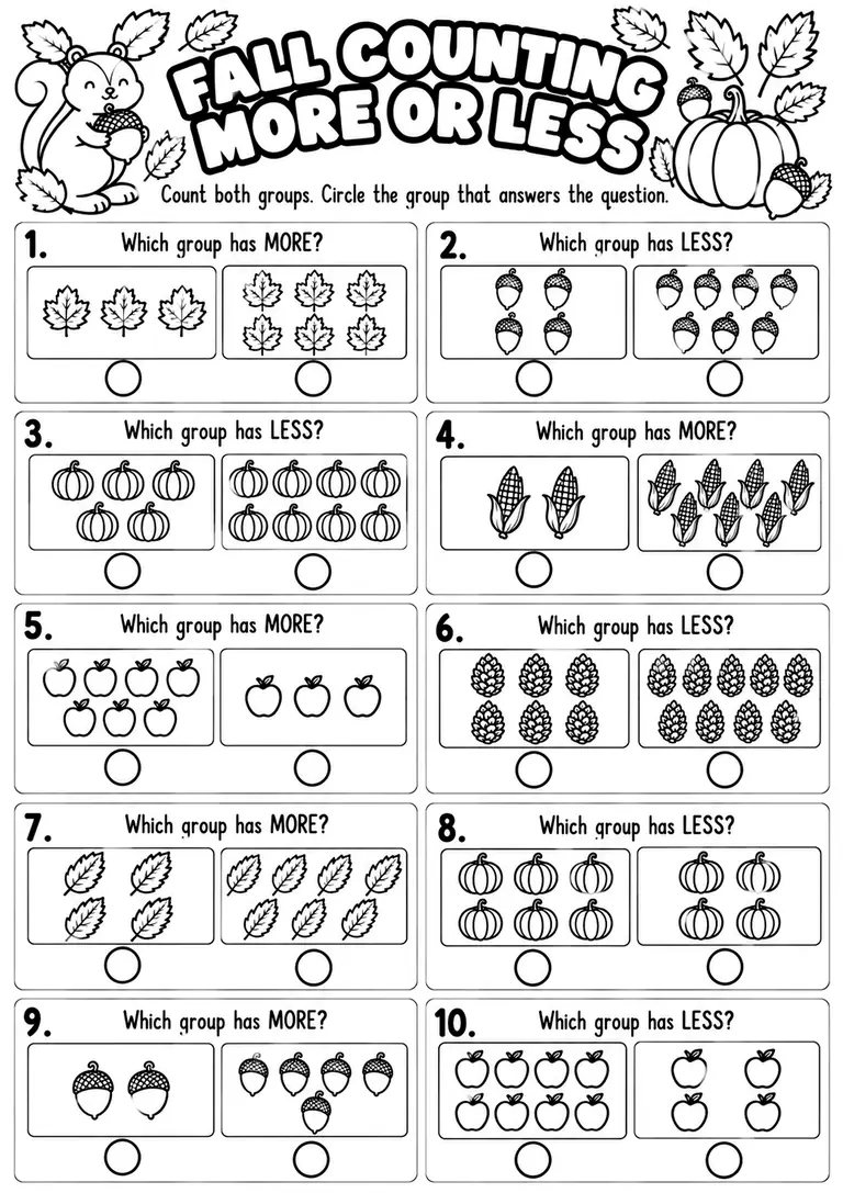 FALL COUNTING MORE OR LESS for Kindergarten, 1st Grade
