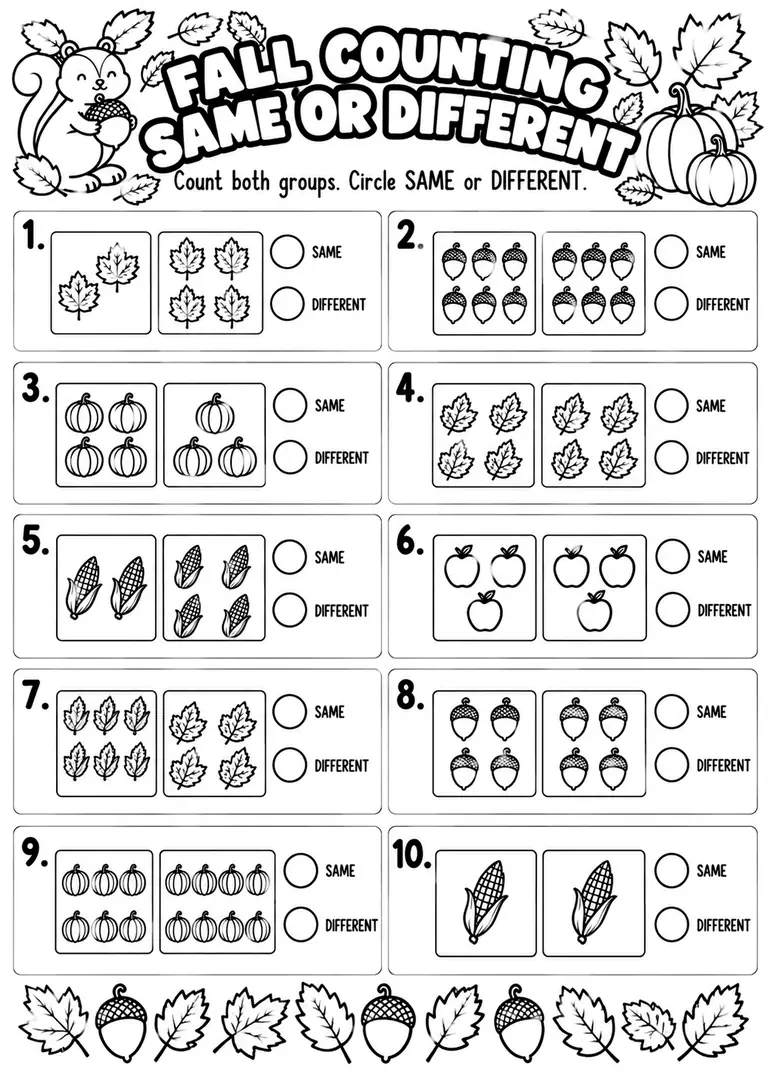 FALL COUNTING SAME OR DIFFERENT for Kindergarten, 1st Grade