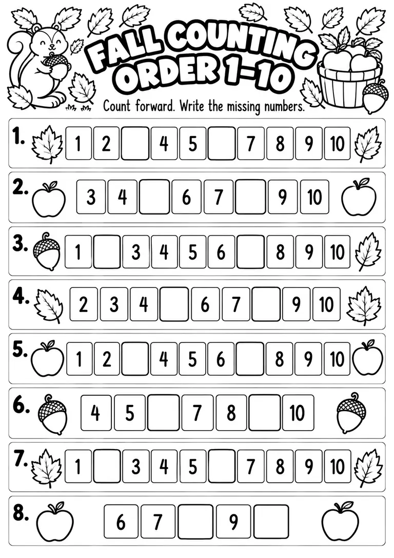 FALL COUNTING ORDER 1–10 for Kindergarten, 1st Grade