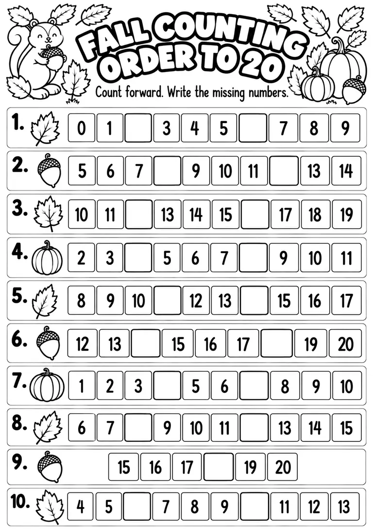 FALL COUNTING ORDER TO 20 for Kindergarten, 1st Grade