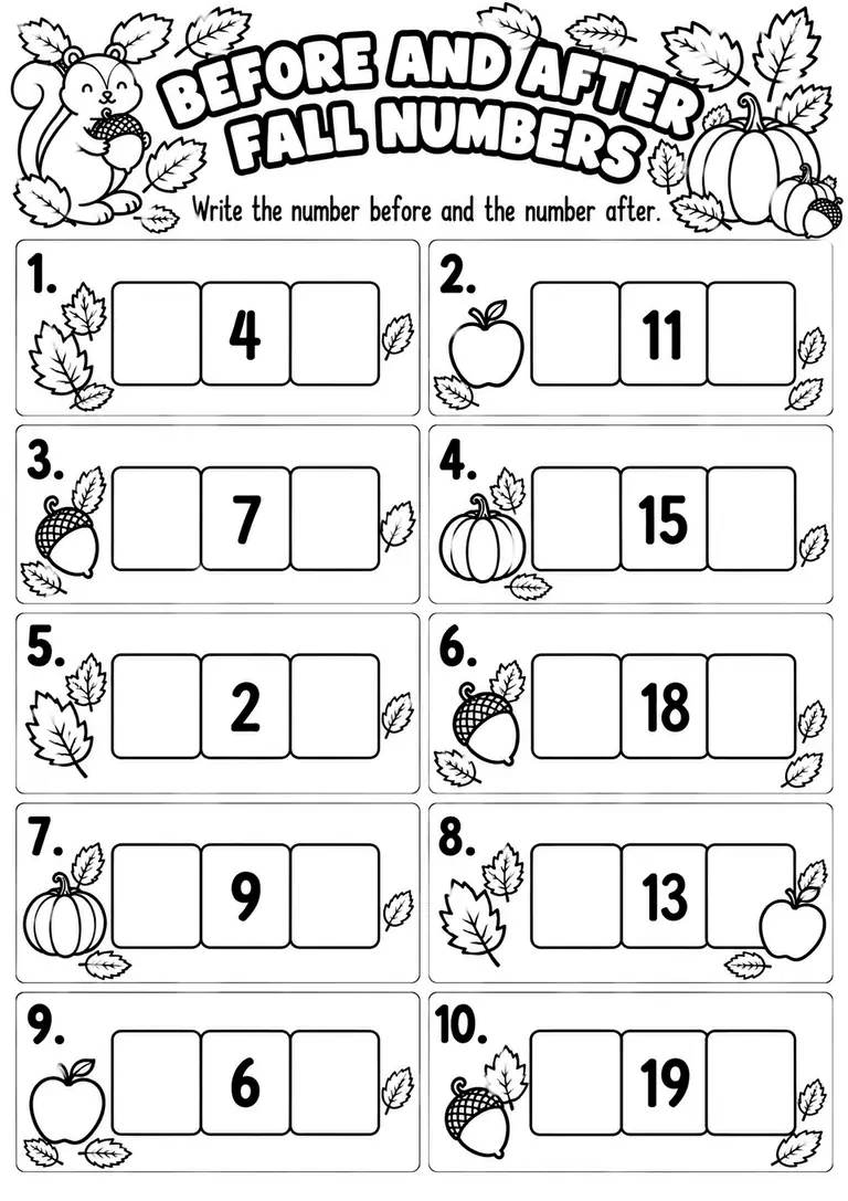 BEFORE AND AFTER FALL NUMBERS for Kindergarten, 1st Grade