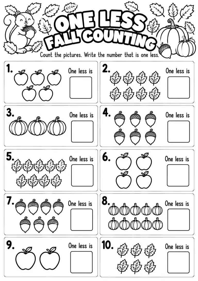 ONE LESS FALL COUNTING for Kindergarten, 1st Grade