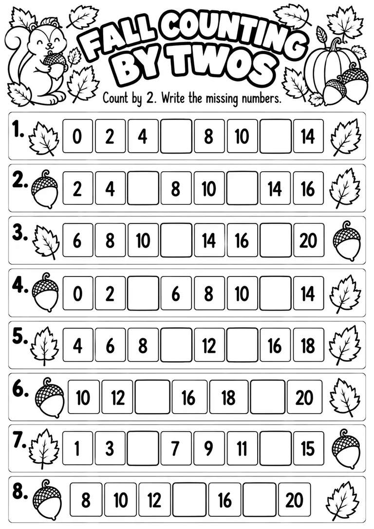 FALL COUNTING BY TWOS for Kindergarten, 1st Grade