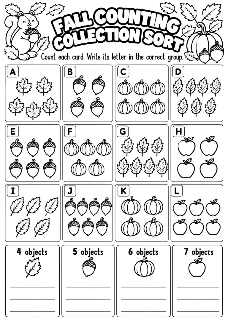 FALL COUNTING COLLECTION SORT for Kindergarten, 1st Grade
