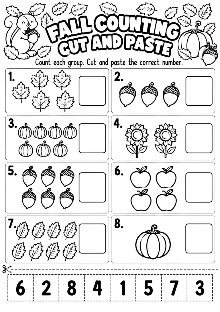 FALL COUNTING CUT AND PASTE for Kindergarten, 1st Grade